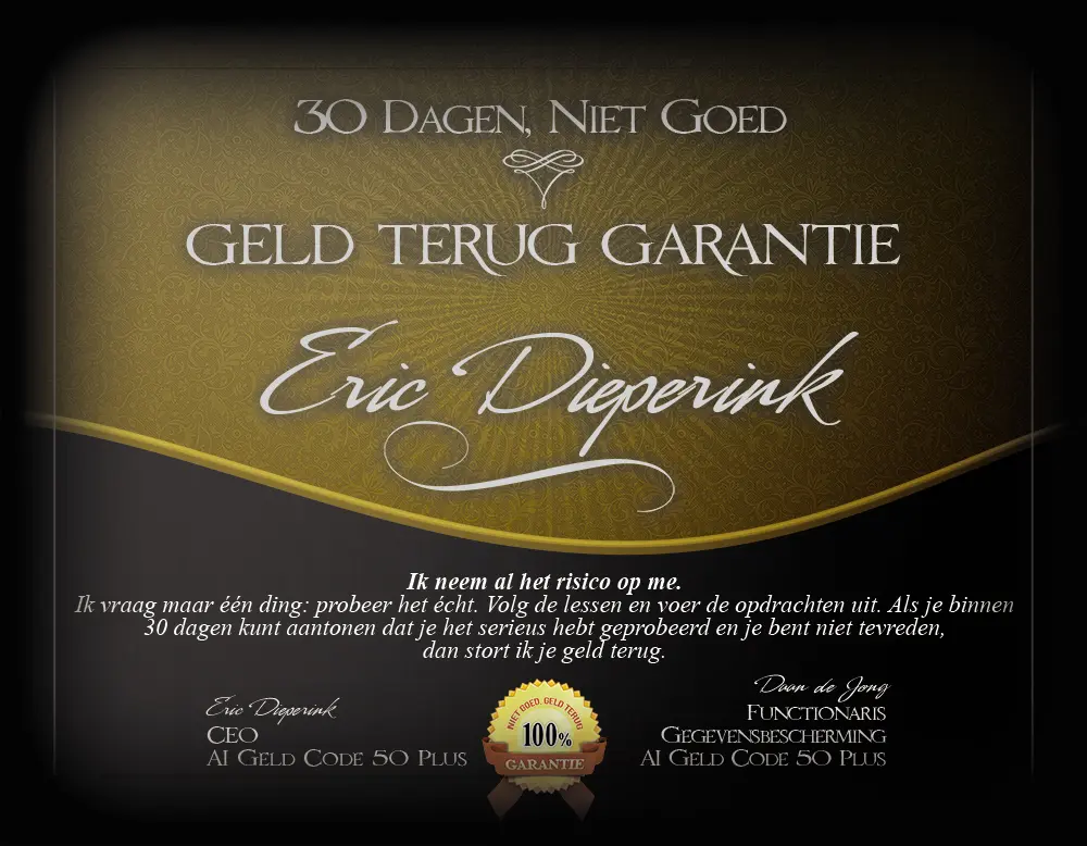 Certificaat 30 Dagen Niet Goed Geld Terug Garantie, ondertekend door Eric Dieperink, met 100% garantie-zegel